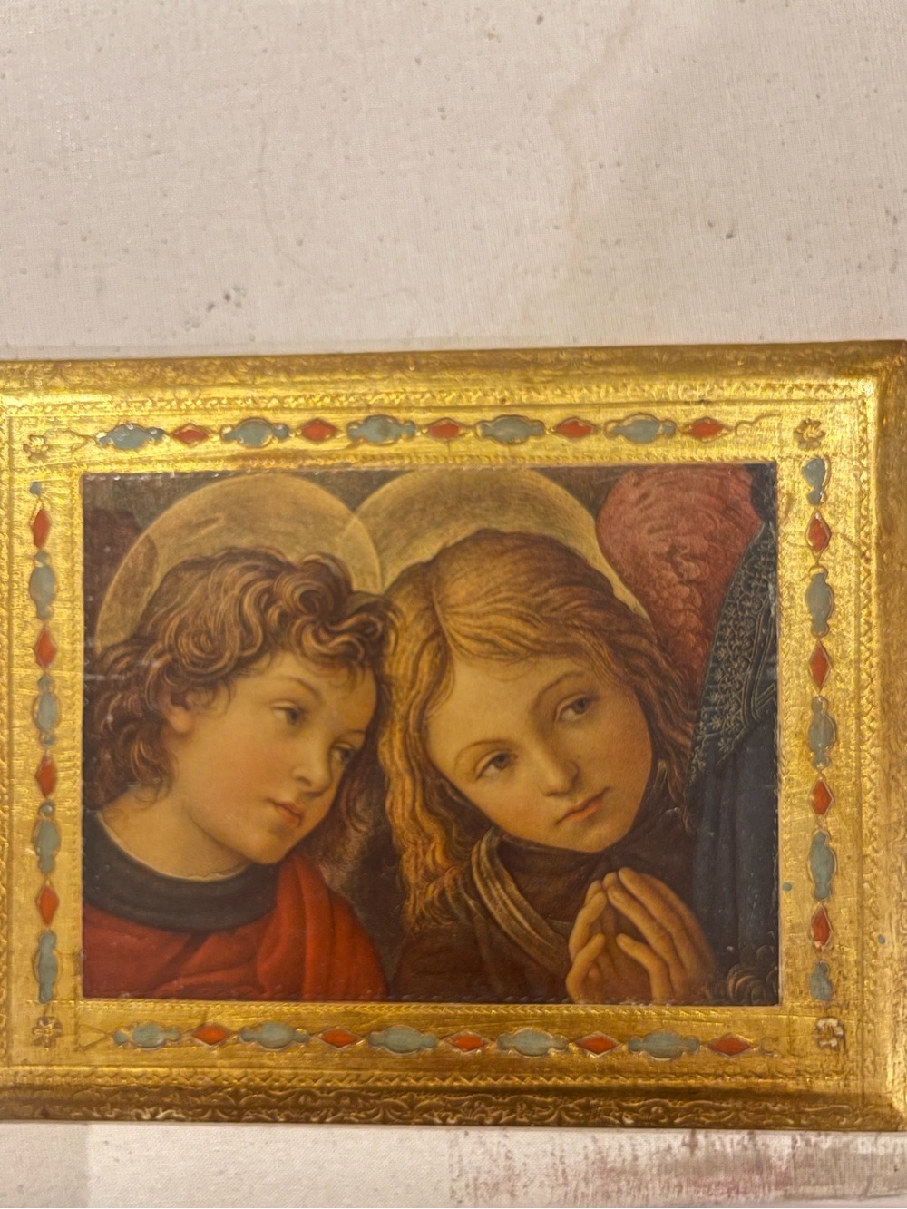 Two Angels Gilt Religious Print with Gold, Red and Blue Accents Made in Italy